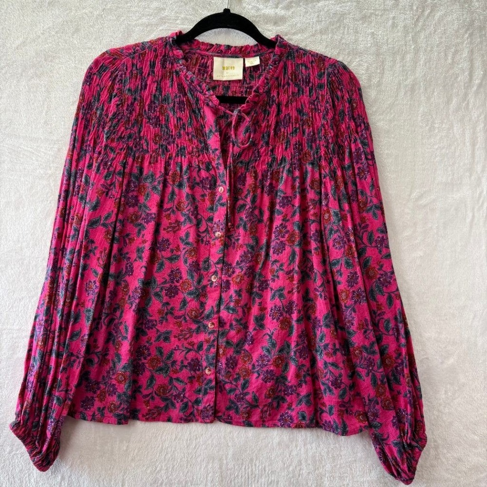 Maeve Anthropologie Pink Floral Smocked Boho Peasant Blouse Womens Medium